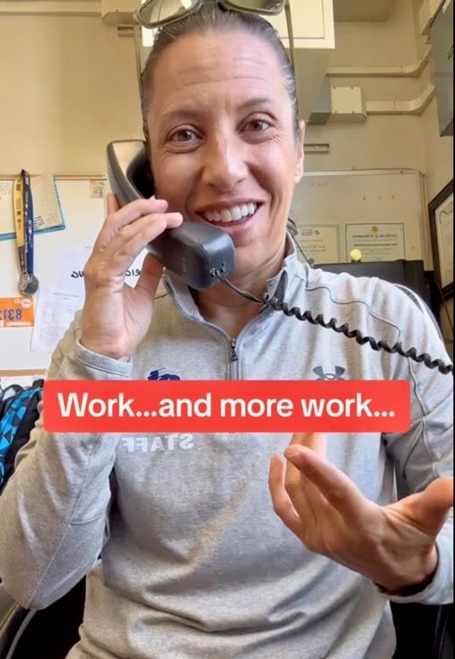 NMSS Principal Sam Navarro talks on phone with a caption that reads, “Work…and more work…”